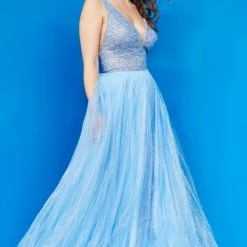 In Stock Ballgown Dresses Jovani JVN05818 Fuchsia Prom Dress Long A Line Glitter Tulle Sheer V Neck Backless Embellished Size 8