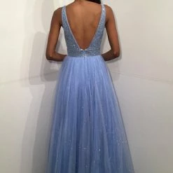 In Stock Ballgown Dresses Jovani JVN05818 Fuchsia Prom Dress Long A Line Glitter Tulle Sheer V Neck Backless Embellished Size 8