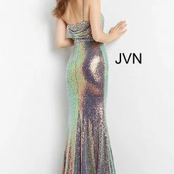 JVN By Jovani JVN06391 Navy Prom Dress Iridescent Sequins Long Evening Gown V Neckline Cowl Back Backless Dresses