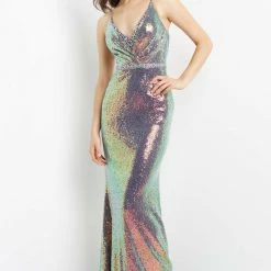 JVN By Jovani JVN06391 Navy Prom Dress Iridescent Sequins Long Evening Gown V Neckline Cowl Back Backless Dresses