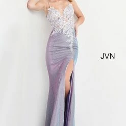 JVN By Jovani Jovani JVN06454 Long Fitted Sheer Lilac Shimmering Prom Dress Floral Lace Slit