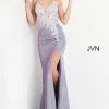 In Stock Backless Dresses Jovani JVN06454 Lilac Prom Dress Long Fitted Sheer Lilac Shimmering Floral Lace Slit Size 00
