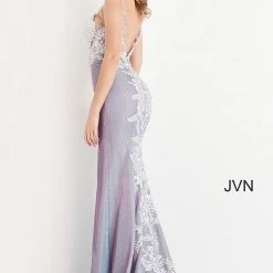 JVN By Jovani Jovani JVN06454 Long Fitted Sheer Lilac Shimmering Prom Dress Floral Lace Slit