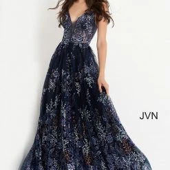 JVN By Jovani Jovani JVN06457 Long Navy Sequin Sheer A Line Corset Prom Dress Floral V Neck Ballgown Dresses