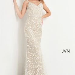 JVN By Jovani Jovani JVN06472 Champagne Embroidered Lace V Neckline Prom Dress Sweeping Train Backless Dresses
