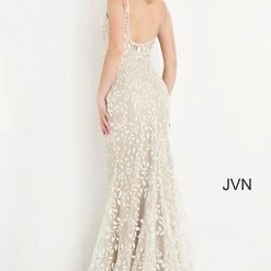 JVN By Jovani Jovani JVN06472 Champagne Embroidered Lace V Neckline Prom Dress Sweeping Train Backless Dresses