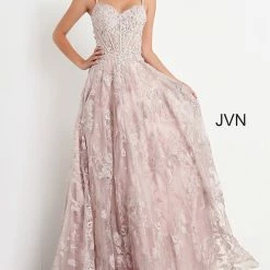 JVN By Jovani Jovani JVN06474 Long Lace A Line Ballgown Prom Dress Glitter Corset Formal Gown