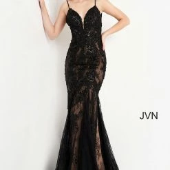 JVN By Jovani Jovani JVN06475 Long Fitted Lace Mermaid Prom Dress Sheer Corset Backless Gown
