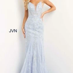 JVN By Jovani JVN06475 Lace Prom Dress Embroidery Fit And Flare Mermaid Sheer Corset