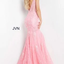JVN By Jovani JVN06475 Lace Prom Dress Embroidery Fit And Flare Mermaid Sheer Corset