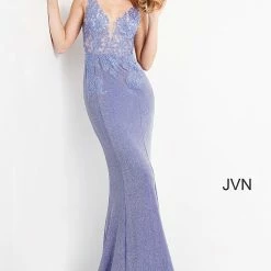 JVN By Jovani Jovani JVN06505 Long Prom Dress Shimmer Sheer V Neck Fitted Formal Dress Corset Mermaid Mermaid Dresses