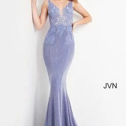 In Stock Mermaid Dresses Jovani JVN06505 Black Prom Dress Size 8 Long Shimmer Sheer V Neck Fitted Formal Dress Corset Mermaid