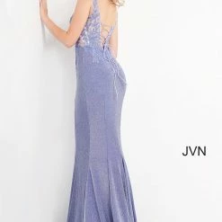 JVN By Jovani Jovani JVN06505 Long Prom Dress Shimmer Sheer V Neck Fitted Formal Dress Corset Mermaid Mermaid Dresses