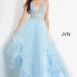 JVN By Jovani Jovani JVN06743 Lace V Neckline Tulle Prom Dress Ball Gown Layers Of Tulle Sheer V Back Ballgown Dresses