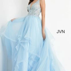 JVN By Jovani Jovani JVN06743 Lace V Neckline Tulle Prom Dress Ball Gown Layers Of Tulle Sheer V Back Ballgown Dresses