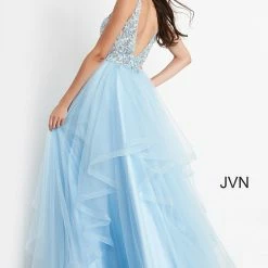 JVN By Jovani Jovani JVN06743 Lace V Neckline Tulle Prom Dress Ball Gown Layers Of Tulle Sheer V Back Ballgown Dresses