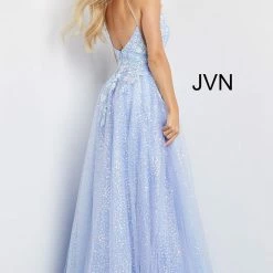 JVN By Jovani JVN07252 Periwinkle Prom Dress Floral Appliques A Line Sequin Skirt Ballgown 07252