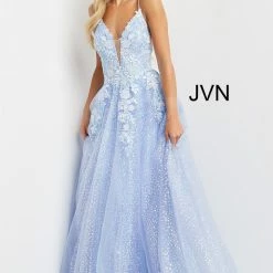 JVN By Jovani JVN07252 Periwinkle Prom Dress Floral Appliques A Line Sequin Skirt Ballgown 07252