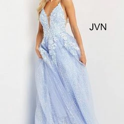 JVN By Jovani JVN07252 Periwinkle Prom Dress Floral Appliques A Line Sequin Skirt Ballgown 07252