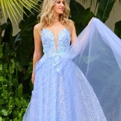 JVN By Jovani JVN07252 Periwinkle Prom Dress Floral Appliques A Line Sequin Skirt Ballgown 07252