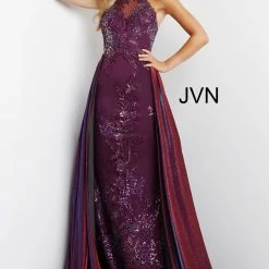 JVN By Jovani Jovani JVN07379 Long Fitted Prom Pageant Gown Overskirt Shimmer Sequin Lace Gown
