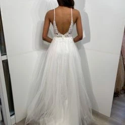 In Stock Jovani JVN07595 Size 8 Sheer Lace A Line V Neck Formal Prom Dress Wedding Gown