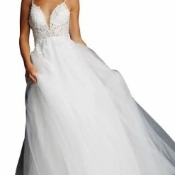 JVN By Jovani Jovani JVN07595 Sheer Lace A Line V Neck Formal Prom Dress Wedding Gown