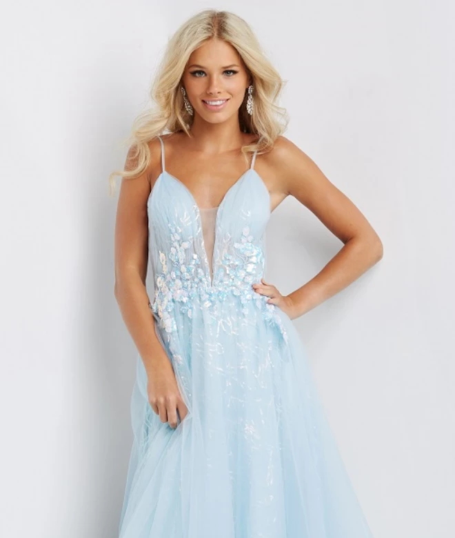JVN By Jovani JVN07637 Light Blue Prom Dress Aline V Neckline Glitter Floral Appliques Tulle 5 JVN By Jovani JVN07637 Light Blue Prom Dress Aline V Neckline Glitter Floral Appliques Tulle