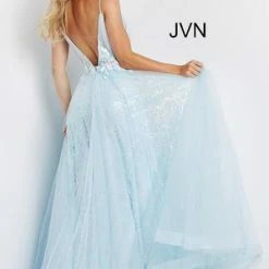 JVN By Jovani JVN07637 Light Blue Prom Dress Aline V Neckline Glitter Floral Appliques Tulle 6 JVN By Jovani JVN07637 Light Blue Prom Dress Aline V Neckline Glitter Floral Appliques Tulle