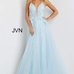 JVN By Jovani JVN07637 Light Blue Prom Dress Aline V Neckline Glitter Floral Appliques Tulle