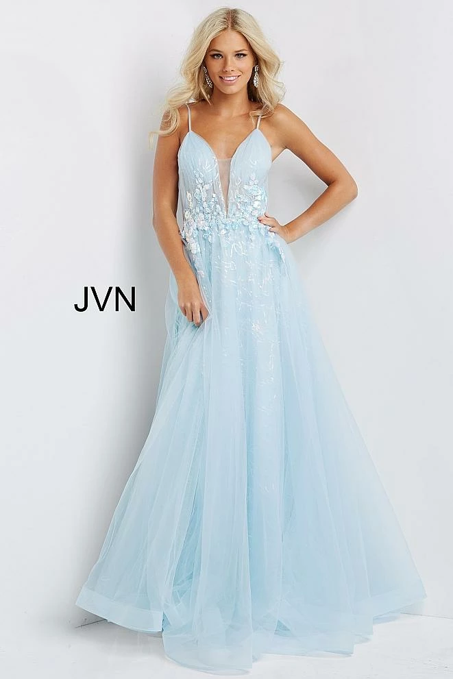 JVN By Jovani JVN07637 Light Blue Prom Dress Aline V Neckline Glitter Floral Appliques Tulle 3 JVN By Jovani JVN07637 Light Blue Prom Dress Aline V Neckline Glitter Floral Appliques Tulle