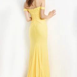 In Stock JVN07639 Black Prom Dress Size 4 Features Off The Shoulder Bodice With Sweetheart Neckline Ruching