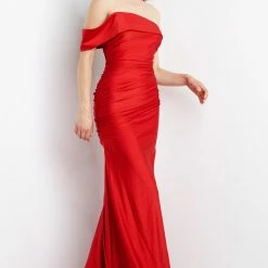 JVN By Jovani JVN07640 One Shoulder Fitted Stretch Prom Dress With Ruching And Train