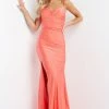 JVN By Jovani JVN07641 Body Hugging Prom Dress Ruching Draped Neckline Side Slit Sweeping Train
