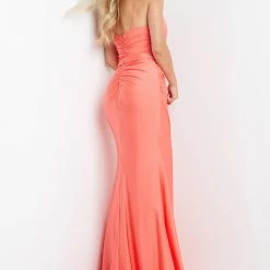 JVN By Jovani JVN07641 Body Hugging Prom Dress Ruching Draped Neckline Side Slit Sweeping Train