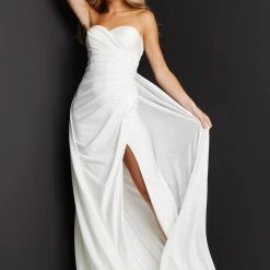 JVN By Jovani JVN07648 Long Flowy Prom Dress Pageant Gown Strapless High Slit Ruching JVN 07648