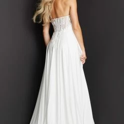 JVN By Jovani Jovani JVN07648 Long Flowy Prom Dress Size 8 Ivory Pageant Gown Strapless High Slit Ruching JVN 07648