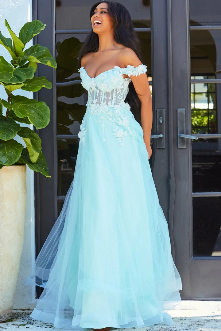 JVN By Jovani Corset Dresses Jovani JVN08295 Prom Dress Off The Shoulder 3D Lace Corset A Line Flowy Glitter Tulle 9 JVN By Jovani Corset Dresses Jovani JVN08295 Prom Dress Off The Shoulder 3D Lace Corset A Line Flowy Glitter Tulle