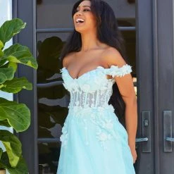 JVN By Jovani Jovani JVN08295 Prom Dress Off The Shoulder Lace Sheer Corset A Line Ball Gown Ballgown Dresses