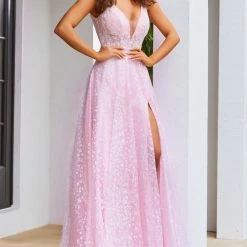 JVN By Jovani JVN08421 Lace A Line Prom Dress Plunging Neckline Mesh Insert Sequined With A Train And Slit