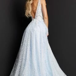 JVN By Jovani JVN08421 Lace A Line Prom Dress Plunging Neckline Mesh Insert Sequined With A Train And Slit