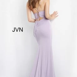 JVN By Jovani JVN08569 Cowl Neckline Prom Dress Fitted Godet Sweeping Train Side Slit Lace Up Back