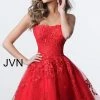 JVN By Jovani Jovani JVN1830 Short Lace Fit Flare Homecoming Dress Tulle Skirt Strapless Gown