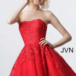 JVN By Jovani Jovani JVN1830 Short Lace Fit Flare Homecoming Dress Tulle Skirt Strapless Gown