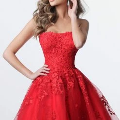 JVN By Jovani Jovani JVN1830 Short Lace Fit Flare Homecoming Dress Tulle Skirt Strapless Gown