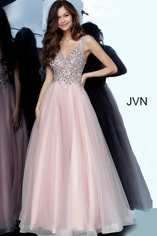 JVN By Jovani Jovani JVN2007 Long Beaded Ball Gown Prom Dress Sheer V Neck Tulle Blush 3 JVN By Jovani Jovani JVN2007 Long Beaded Ball Gown Prom Dress Sheer V Neck Tulle Blush