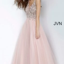 JVN By Jovani Jovani JVN2007 Long Beaded Ball Gown Prom Dress Sheer V Neck Tulle Blush 10 JVN By Jovani Jovani JVN2007 Long Beaded Ball Gown Prom Dress Sheer V Neck Tulle Blush