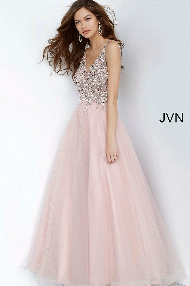 JVN By Jovani Jovani JVN2007 Long Beaded Ball Gown Prom Dress Sheer V Neck Tulle Blush 5 JVN By Jovani Jovani JVN2007 Long Beaded Ball Gown Prom Dress Sheer V Neck Tulle Blush