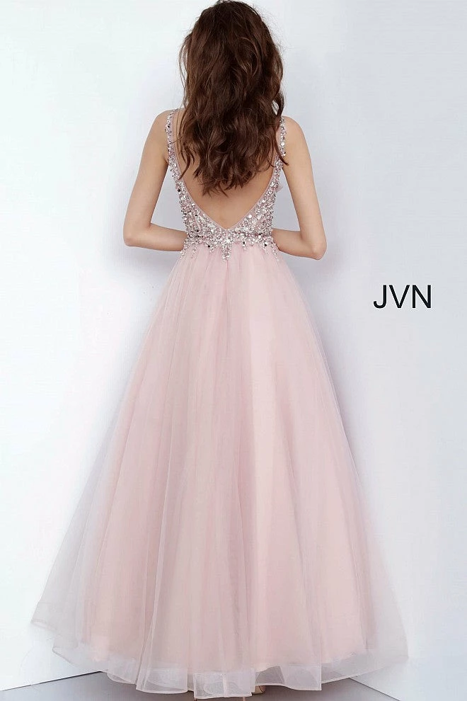 JVN By Jovani Jovani JVN2007 Long Beaded Ball Gown Prom Dress Sheer V Neck Tulle Blush 6 JVN By Jovani Jovani JVN2007 Long Beaded Ball Gown Prom Dress Sheer V Neck Tulle Blush
