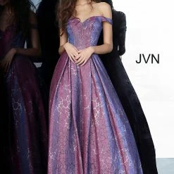 JVN By Jovani Jovani JVN2013 Long Iridescent Shimmer Prom Dress Ball Gown Off The Shoulder